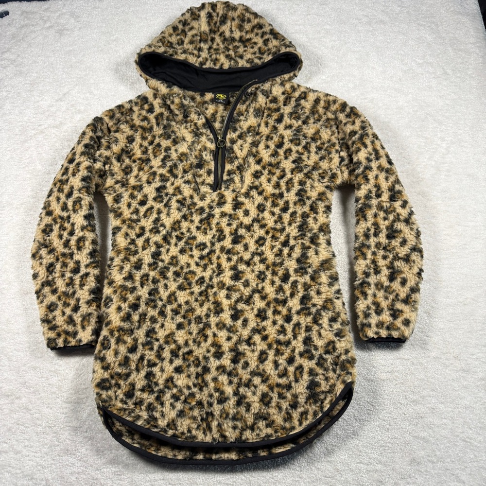 Athletic Works Hoodie Womens XS Leopard Print Sherpa Fleece Quarter Zip Pullover